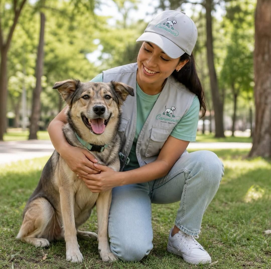Paseadora de Canminos con un perro feliz